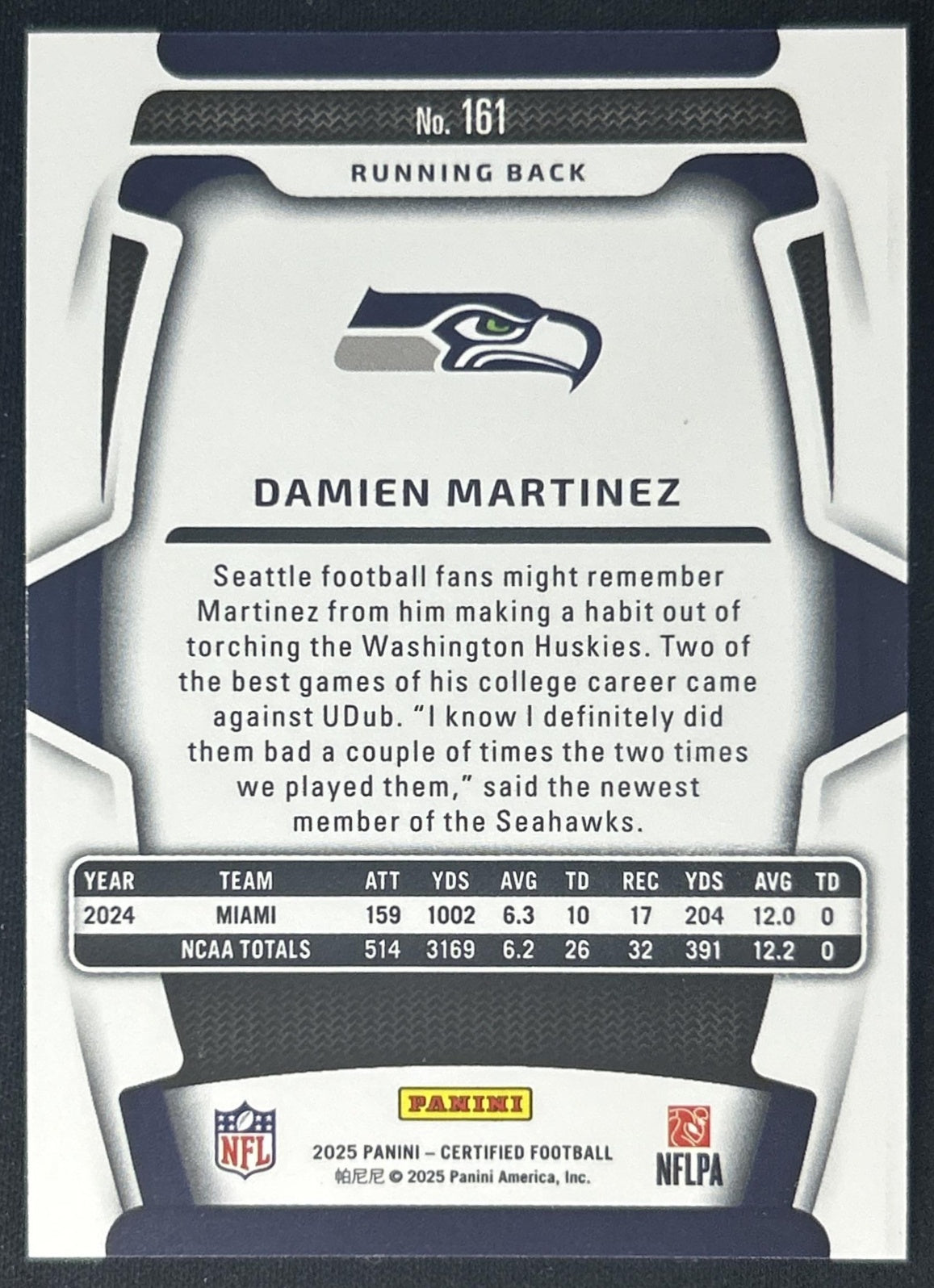 Damien Martinez 2025 Panini Certified Rookies Mirror Pink /225 Seahawks back