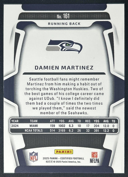 Damien Martinez 2025 Panini Certified Rookies Mirror Pink /225 Seahawks back