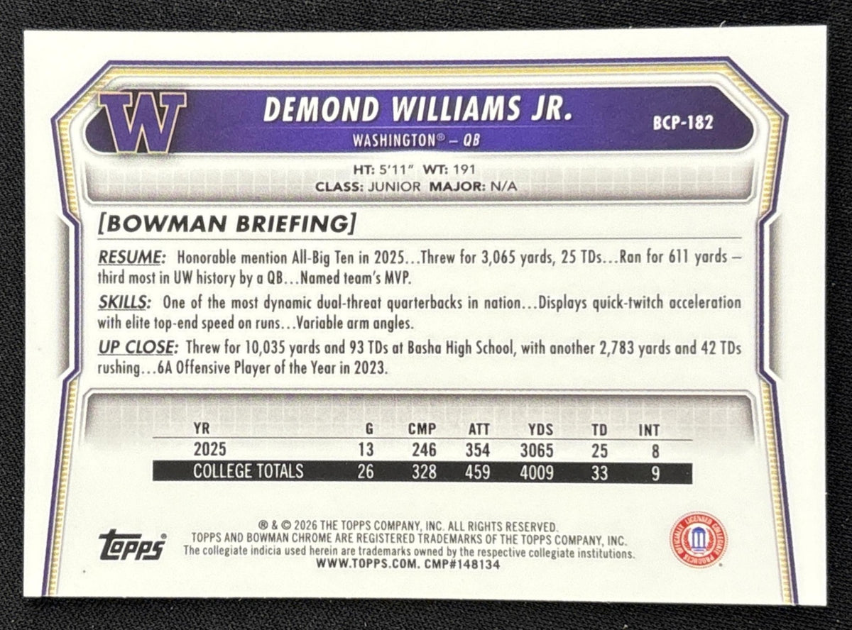 Demond Williams Jr. 2026 Bowman Chrome Prospects Mojo Refractor Commanders Redskins Huskies