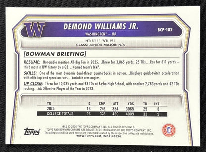 Demond Williams Jr. 2026 Bowman Chrome Prospects Mojo Refractor Commanders Redskins Huskies