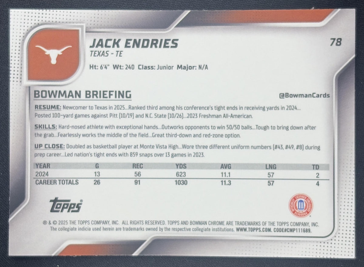 Jack Endries 2025 Bowman Chrome University Prospects Lime Green Refractor /275 Longhorns
