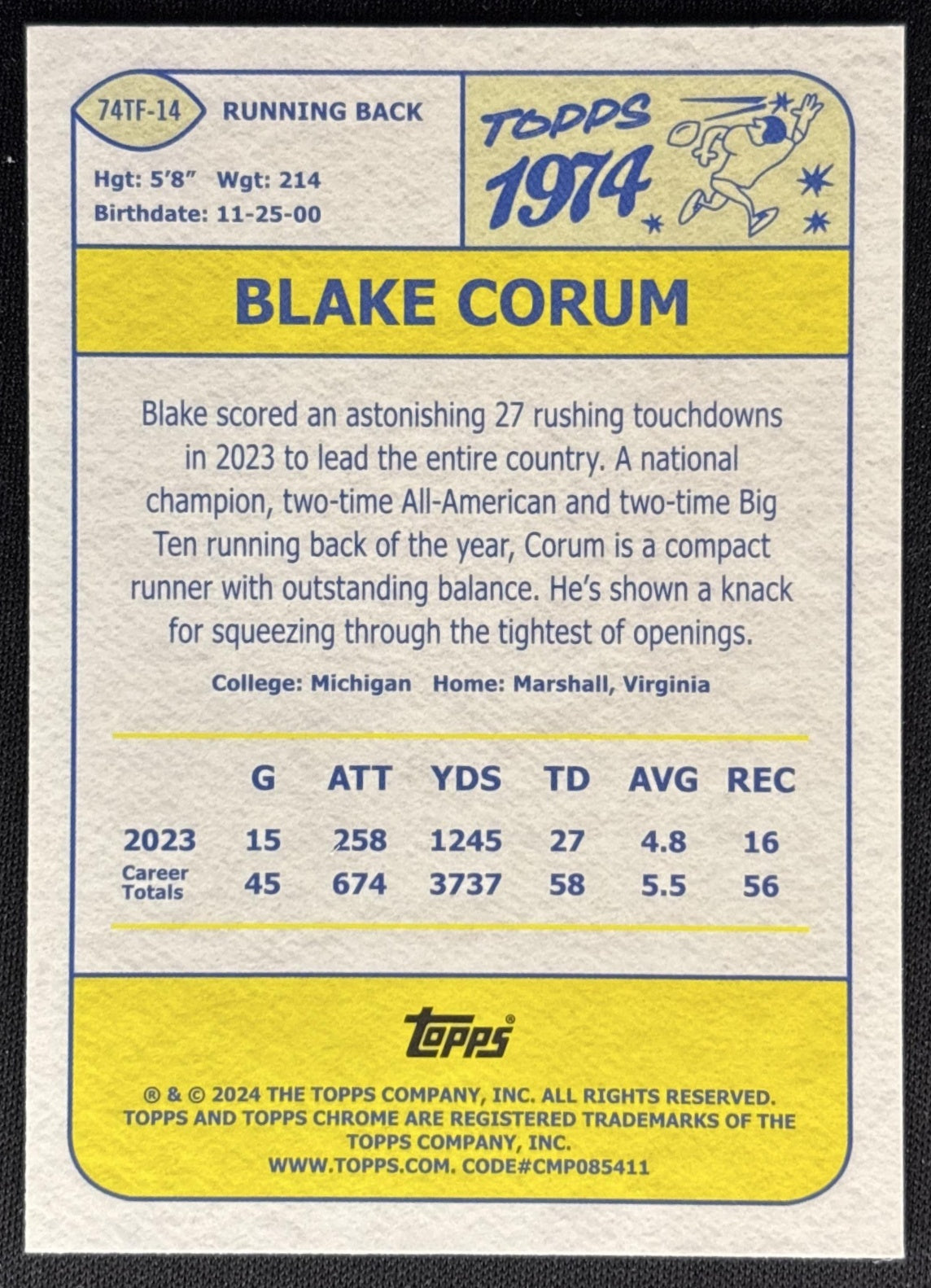Blake Corum 2024 Topps Chrome 1974 Football Lazer Refractor Rams Sports Trading Cards
