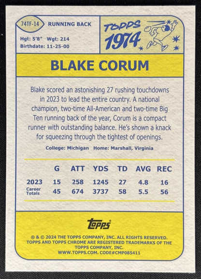 Blake Corum 2024 Topps Chrome 1974 Football Lazer Refractor Rams Sports Trading Cards