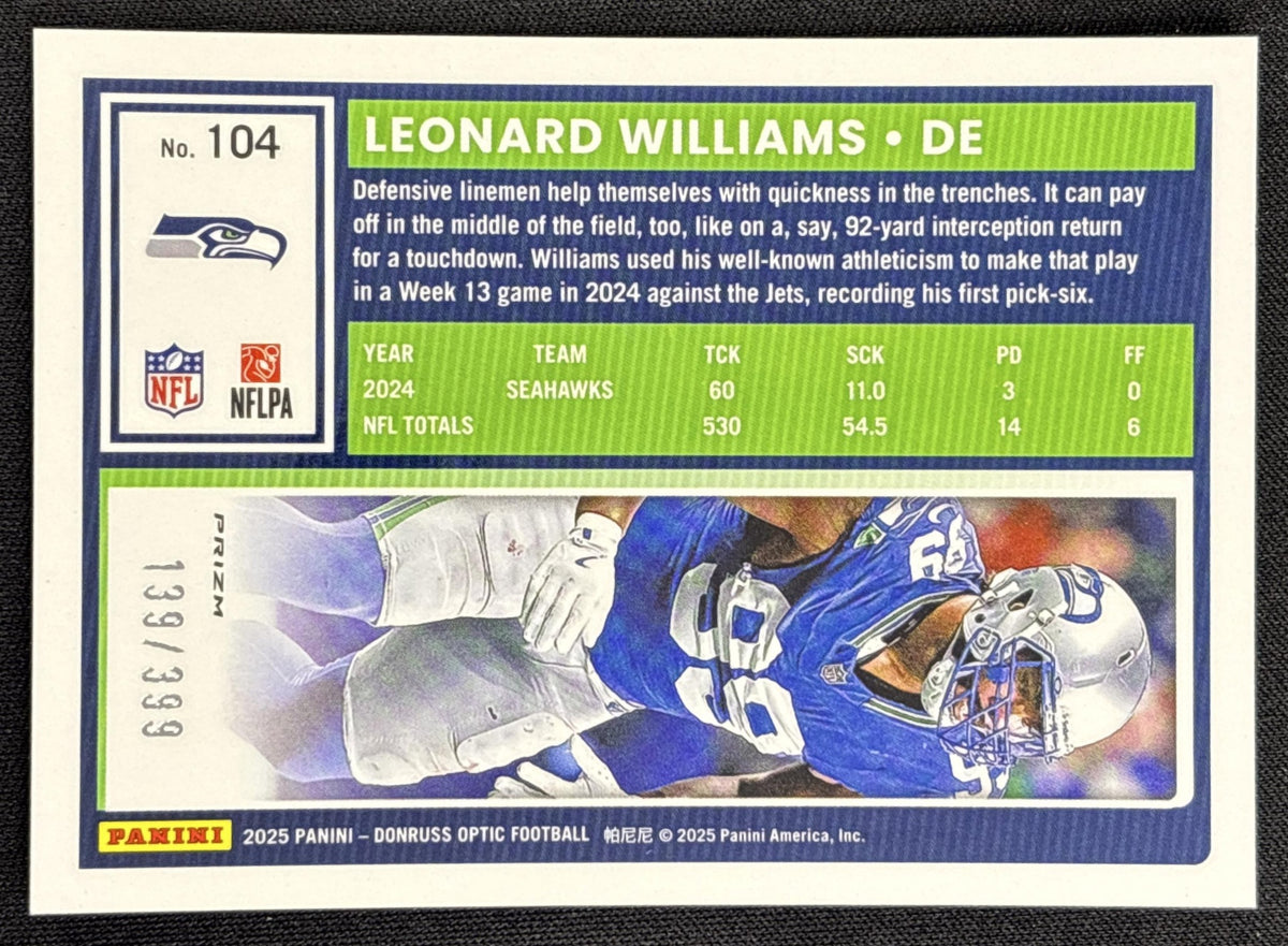 Leonard Williams 2025 Panini Donruss Optic Neon Blue Prizm /399 Seahawks