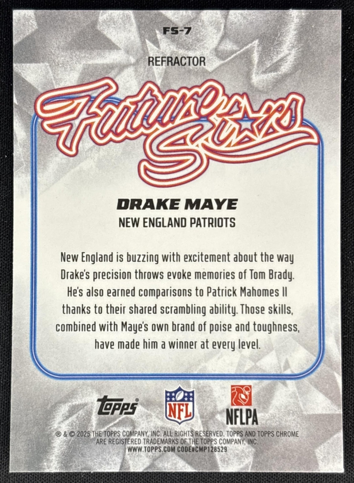 Drake Maye 2025 Topps Chrome Future Stars Refractor Patriots back