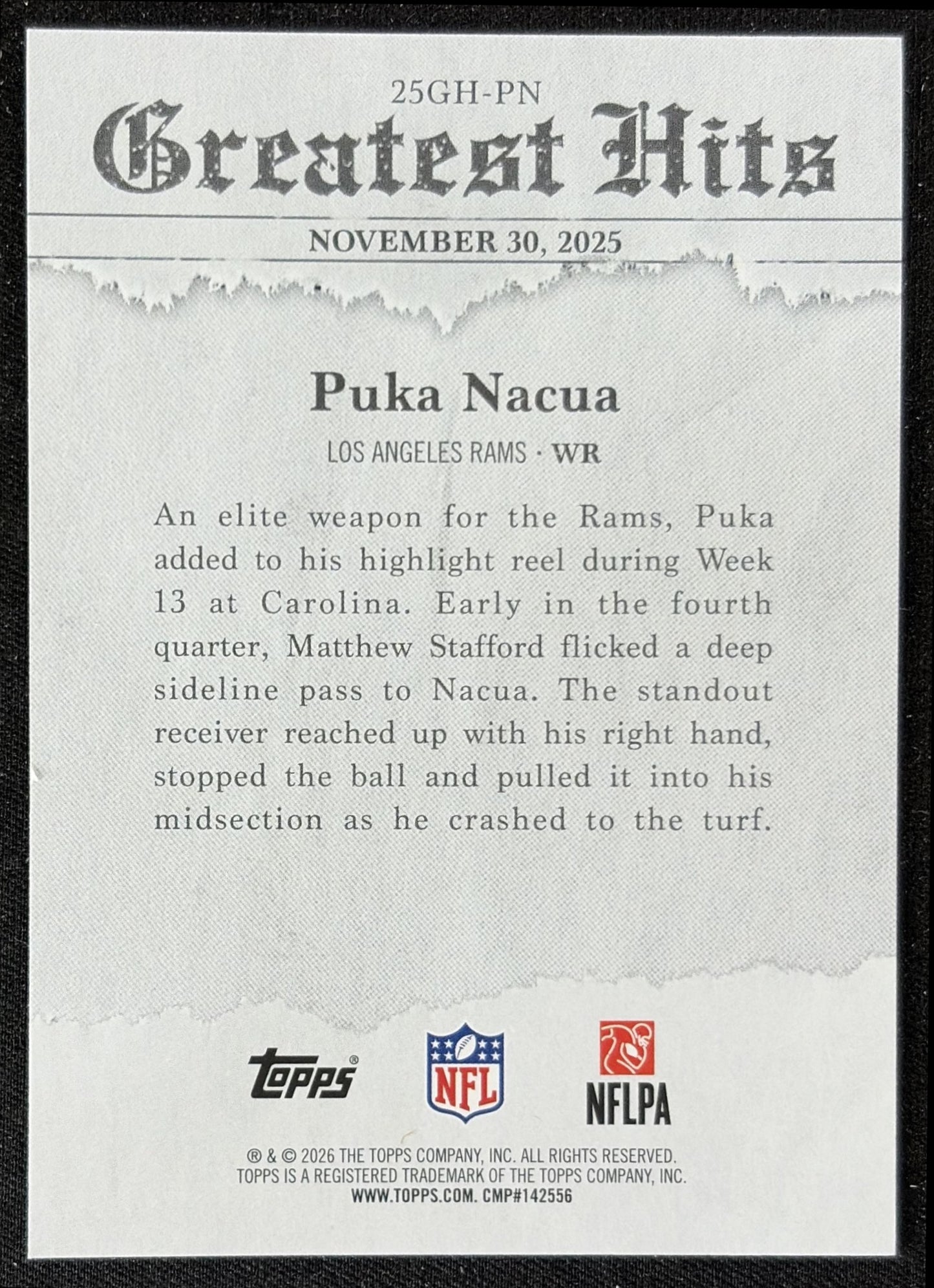 Puka Nacua 2026 Topps 2025 Greatest Hits Rams back