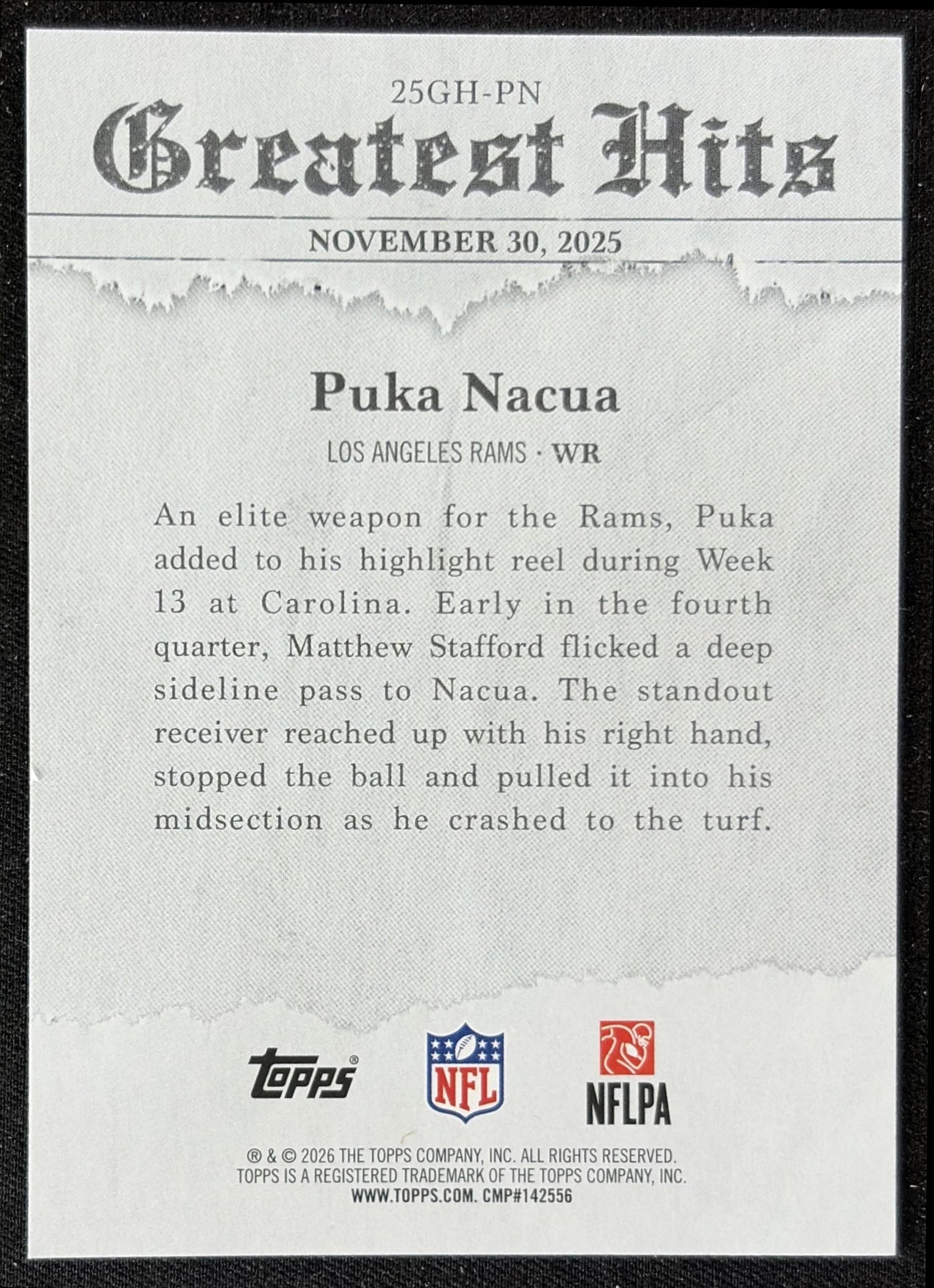 Puka Nacua 2026 Topps 2025 Greatest Hits Rams back