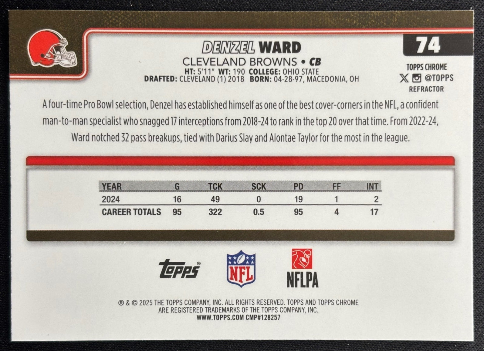 Denzel Ward 2025 Chrome Refractor Browns Sports Trading Cards