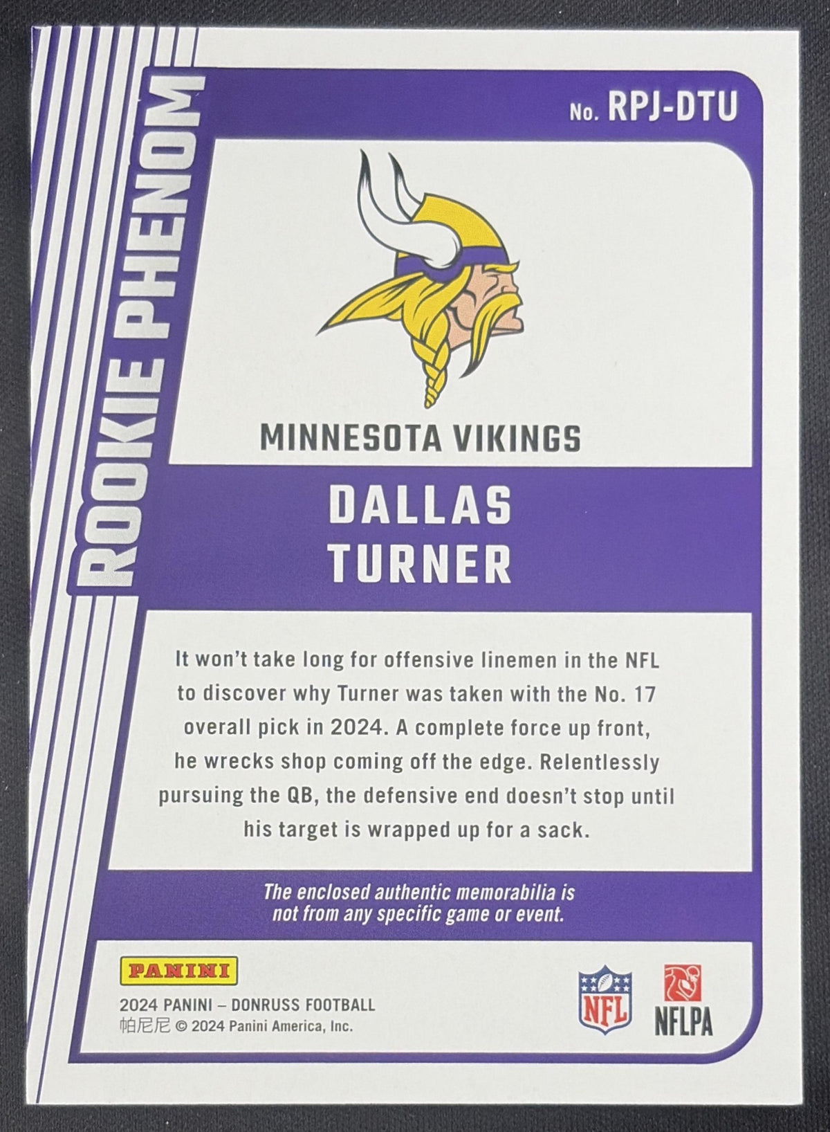 Dallas Turner 2024 Panini Donruss Rookie Phenom Jerseys Vikings Sports Trading Card