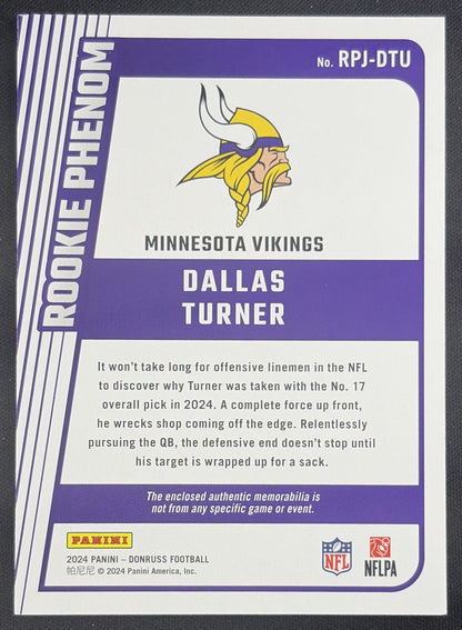 Dallas Turner 2024 Panini Donruss Rookie Phenom Jerseys Vikings Sports Trading Card