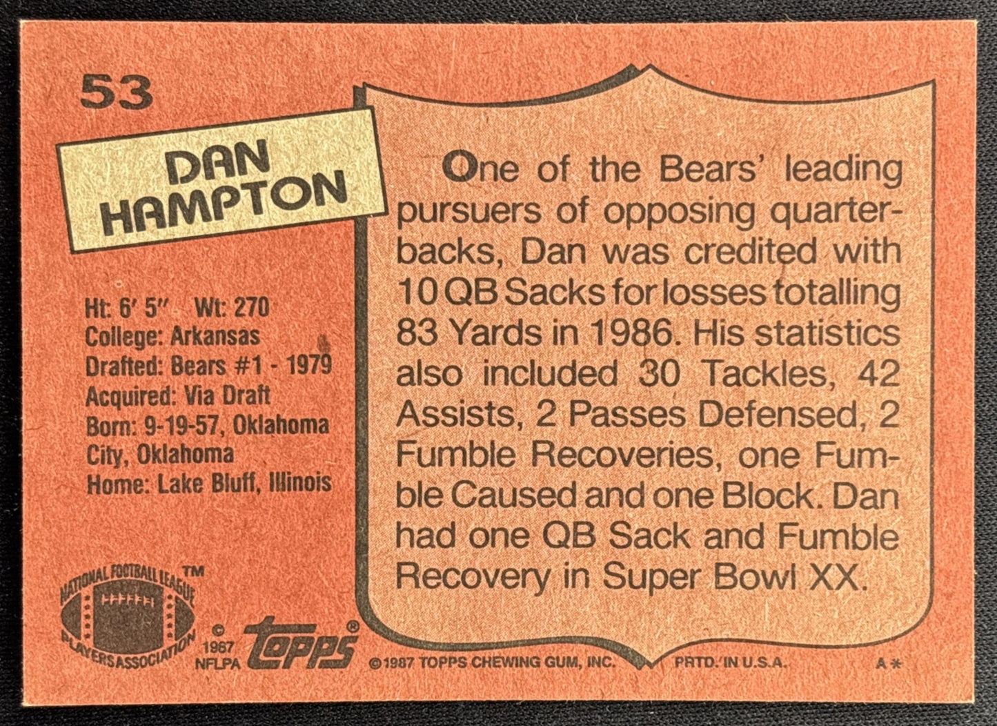 Dan Hampton 1987 Topps Bears - Back