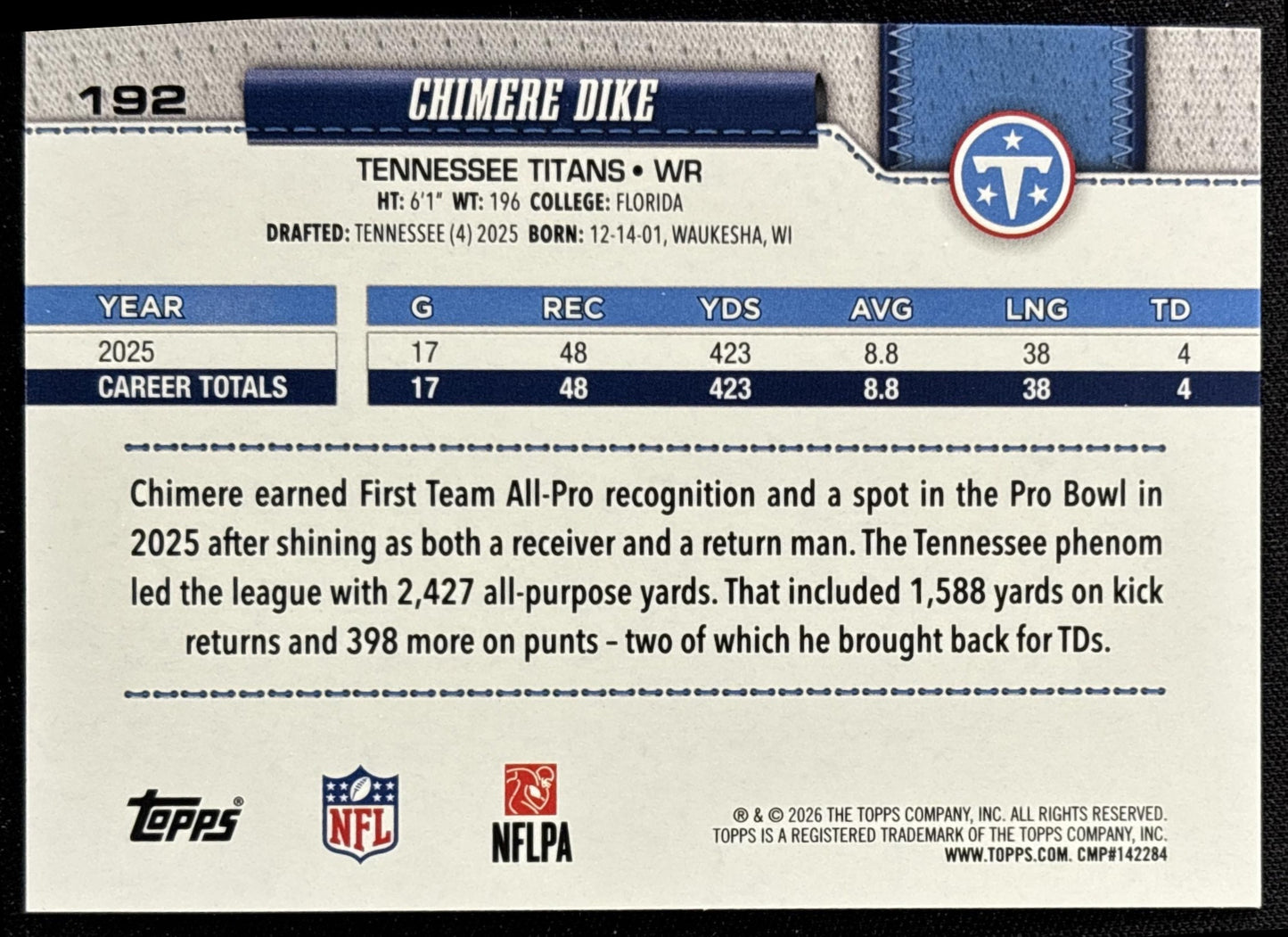 Chimere Dike 2026 Topps Football Leather Foil Titans