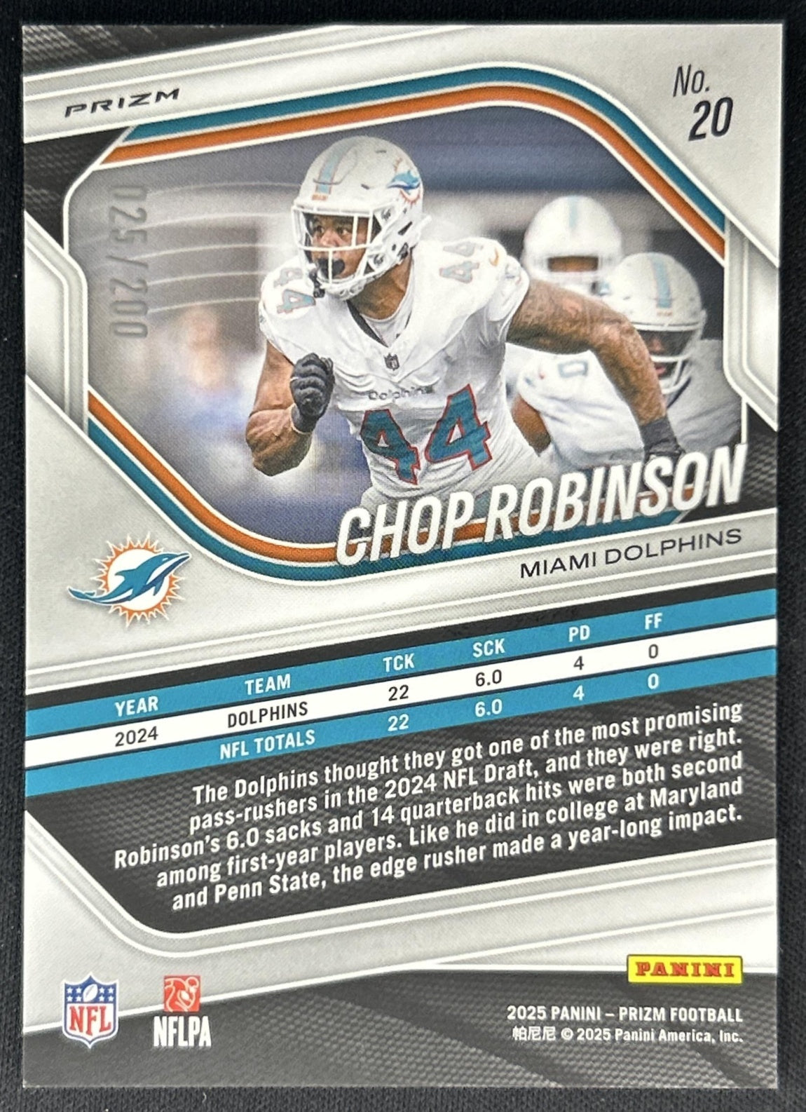 Chop Robinson 2025 Panini Prizm Hyper /200 Dolphins Back