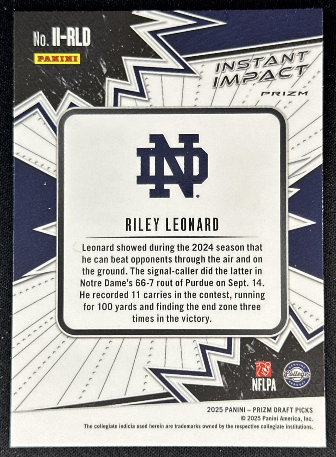 Riley Leonard 2025 Prizm Draft Picks Instant Impact Gold Ice Fighting Irish