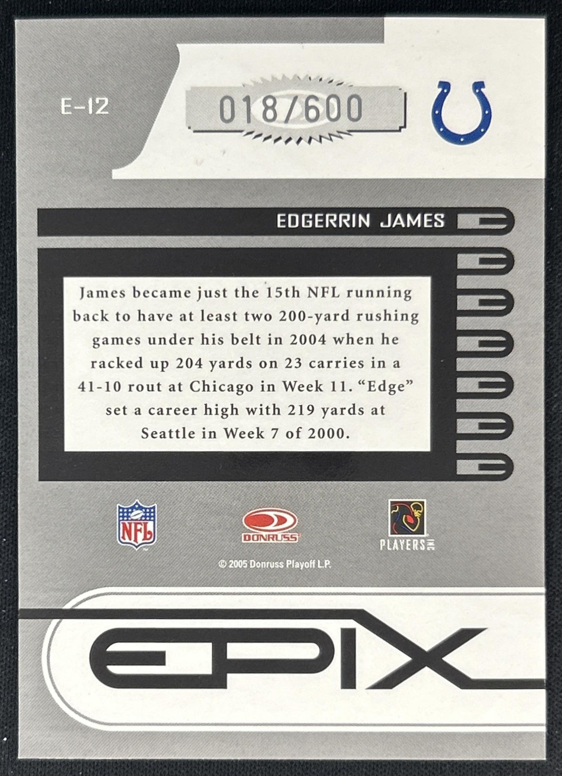 Edgerrin James 2005 Donruss Zenith Epix Blue 1st Prospect Down /600 Colts back