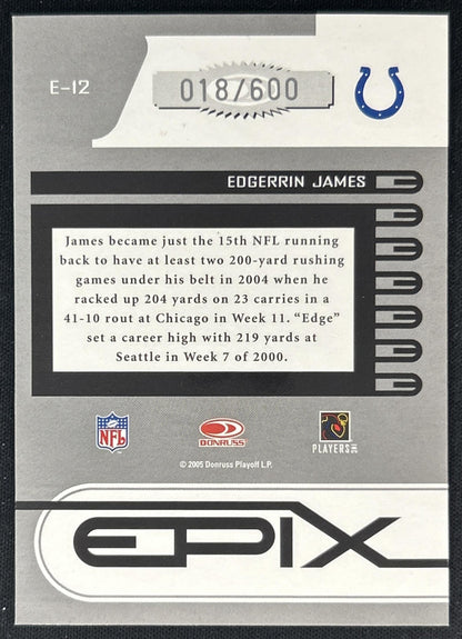 Edgerrin James 2005 Donruss Zenith Epix Blue 1st Prospect Down /600 Colts back