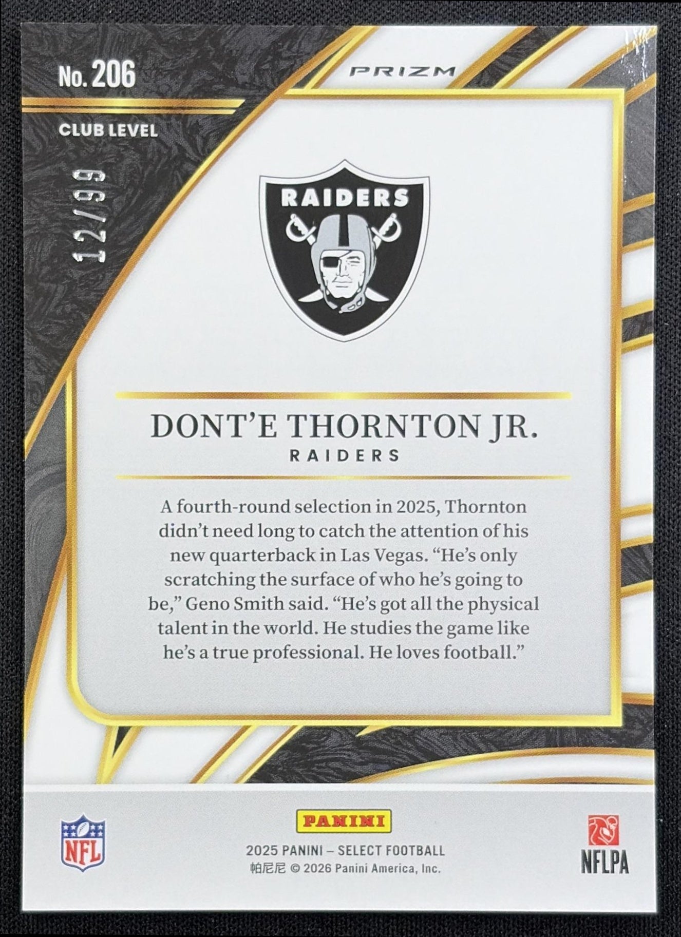 Dont'e Thornton Jr. 2025 Panini Select Club Level Blue Prizm /99 Raiders