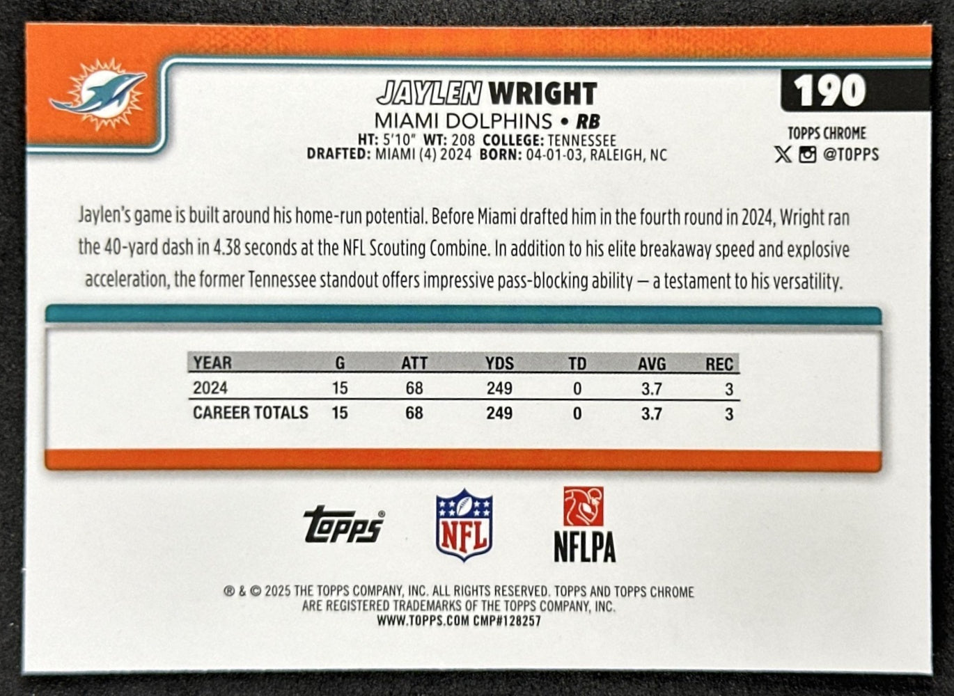 Jaylen Wright 2025 Topps Chrome Sapphire Dolphins
