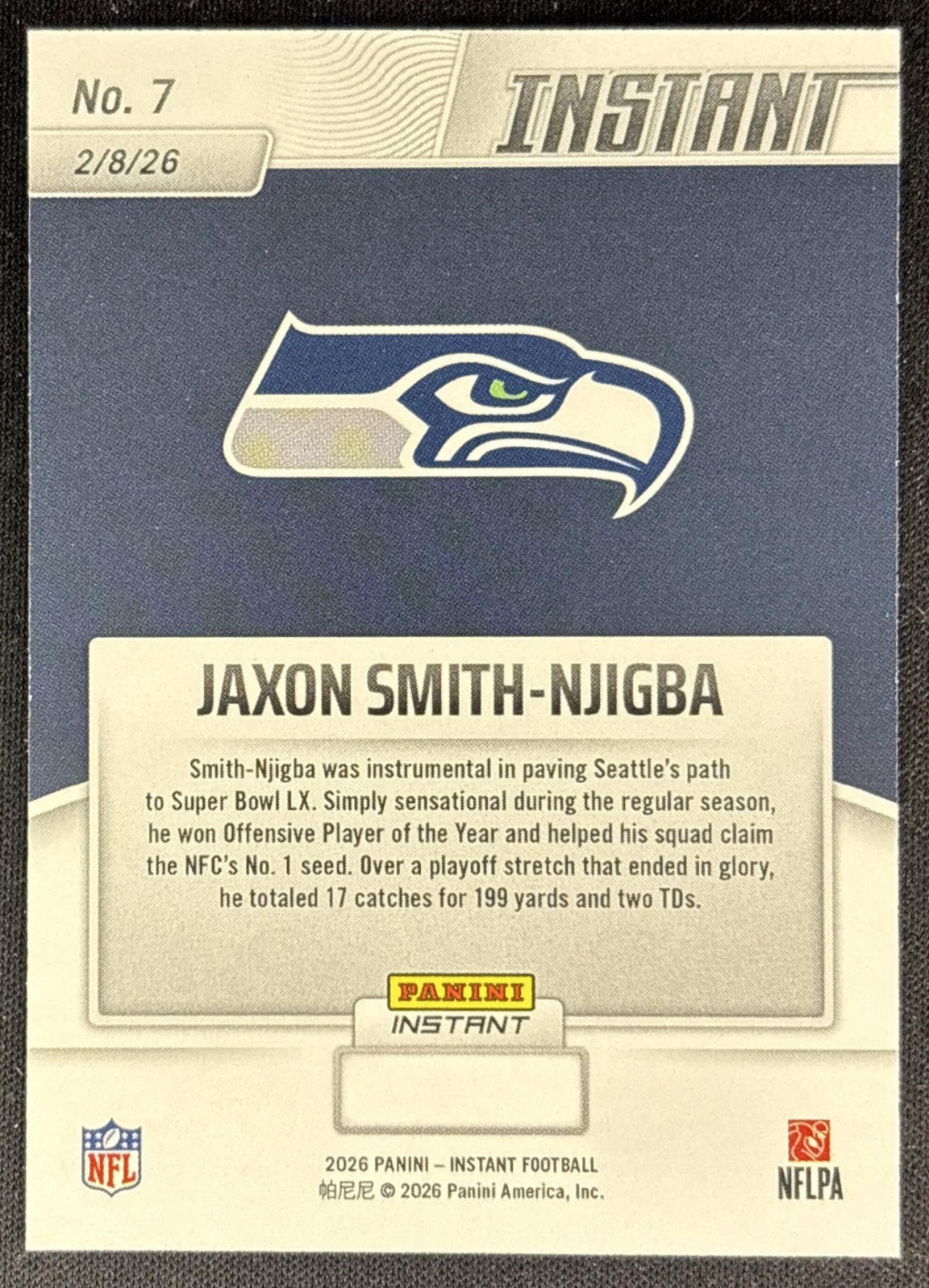 Jaxon Smith-Njigba 2026 Panini Instant Super Bowl LIX Champions Seattle Seahawks back