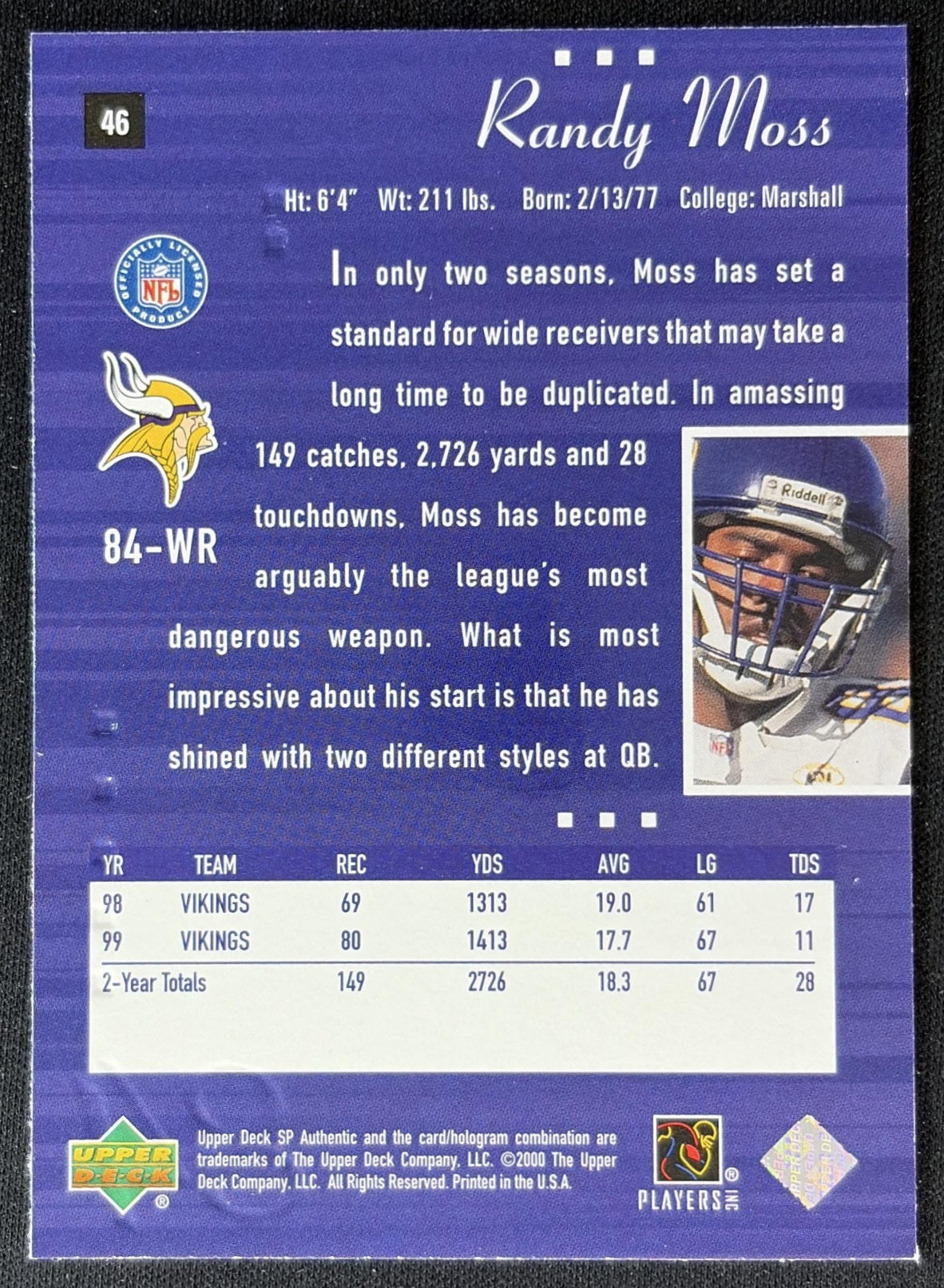 Randy Moss 2000 SP Authentic Vikings back
