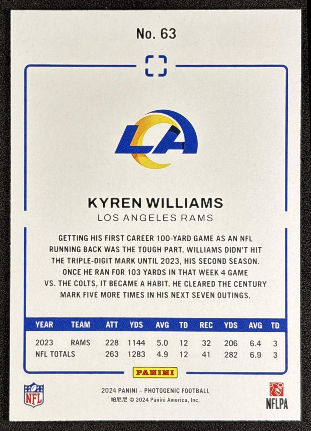 Kyren Williams 2024 Panini Photogenic Silver /175 Rams back