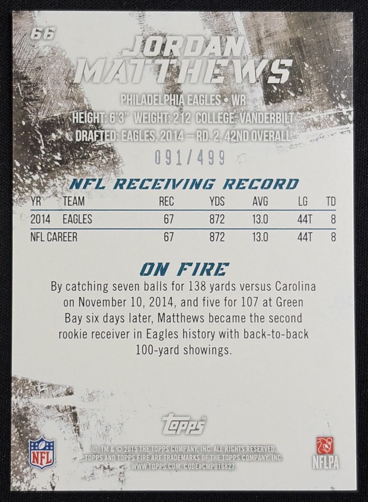 Jordan Matthews 2015 Topps Fire Orange /499 Eagles