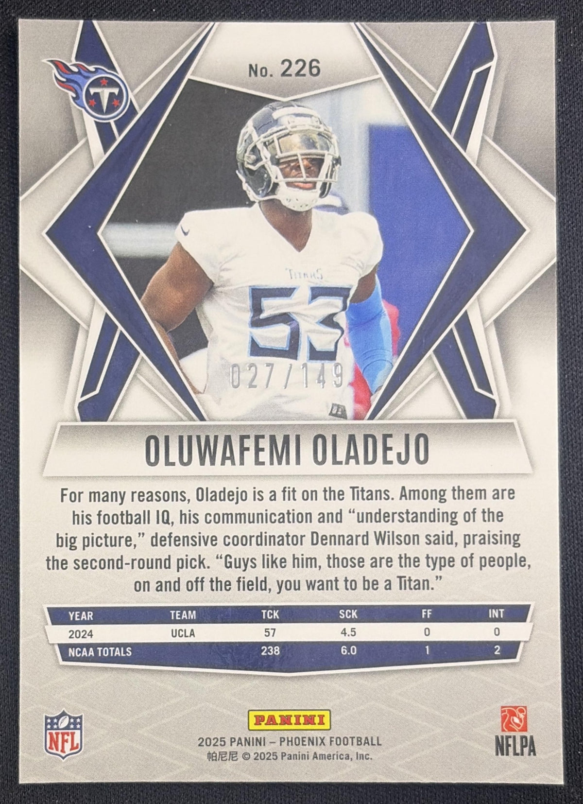 Oluwafemi Oladejo 2025 Panini Phoenix Prizm /149 Titans Tennessee Titans Sports Trading Card