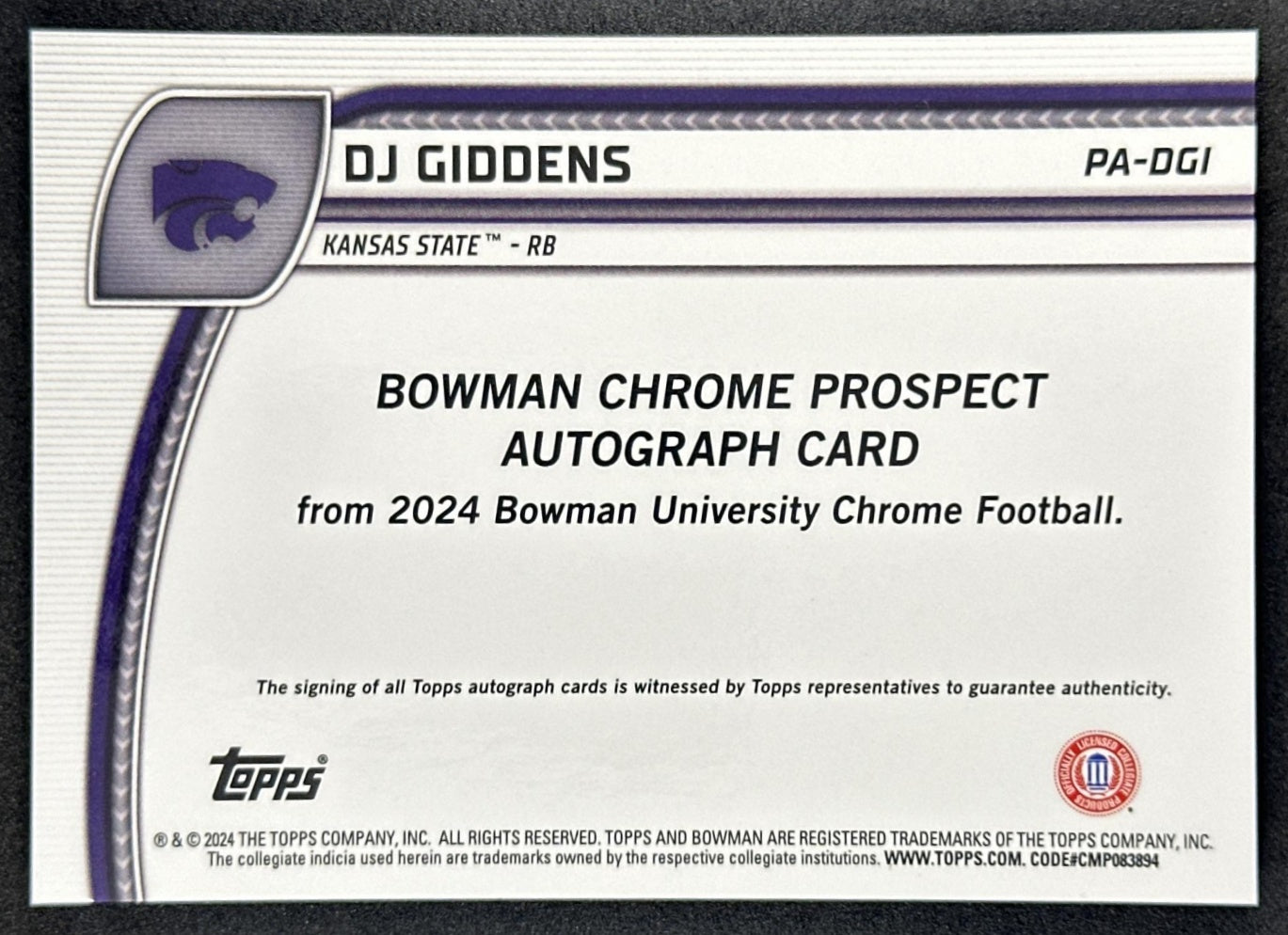 DJ Giddens 2024 Bowman Chrome University Prospect Auto Wildcats back