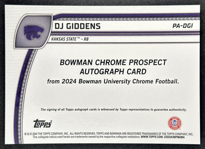 DJ Giddens 2024 Bowman Chrome University Prospect Auto Wildcats back