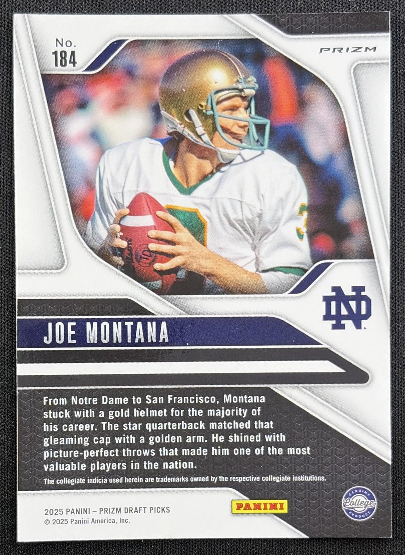 Joe Montana 2025 Panini Prizm Draft Picks Gold Ice Fighting Irish