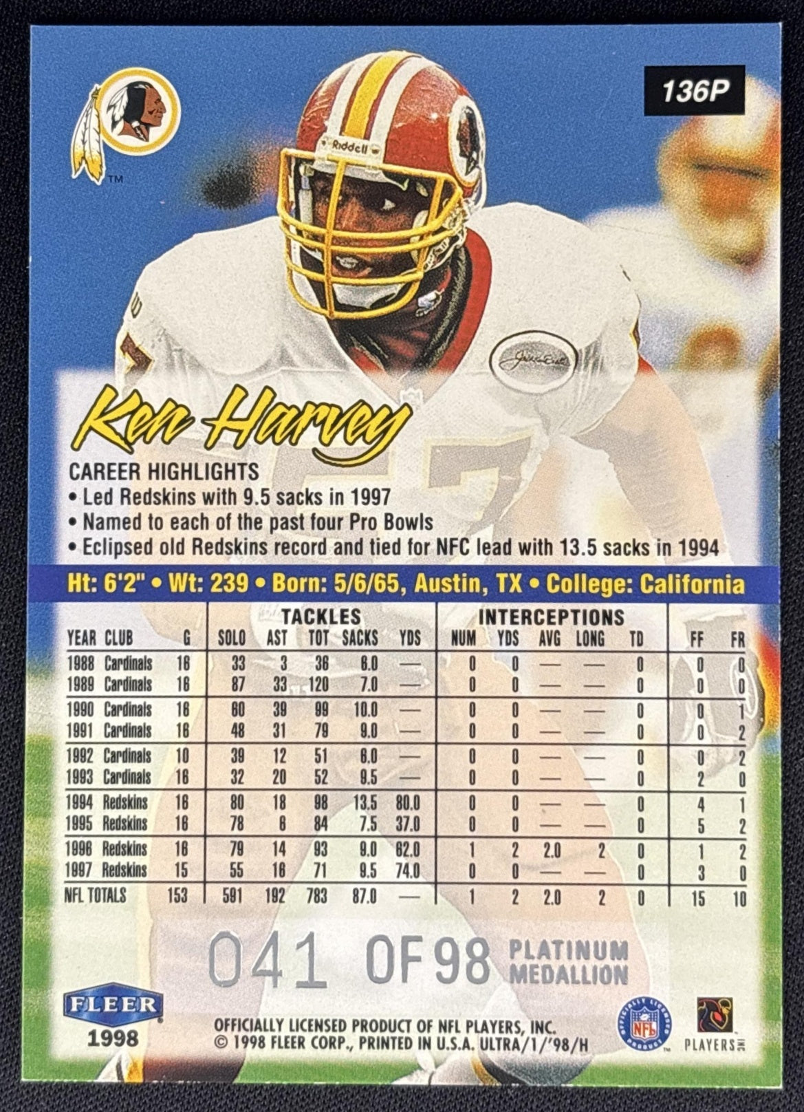 Ken Harvey 1998 Fleer Ultra Platinum Medallion /98 Redskins Commanders Sports Trading Cards