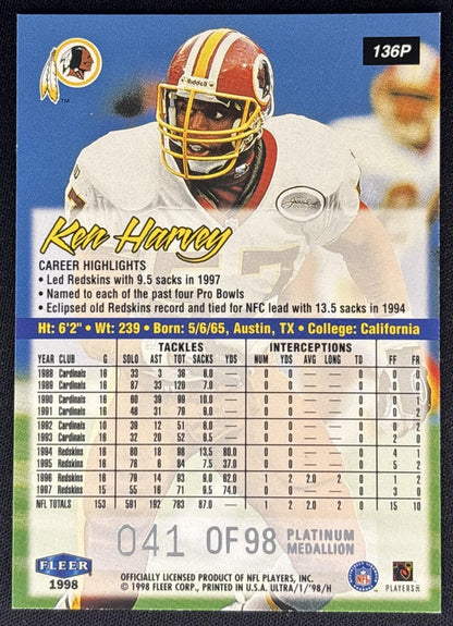 Ken Harvey 1998 Fleer Ultra Platinum Medallion /98 Redskins Commanders Sports Trading Cards