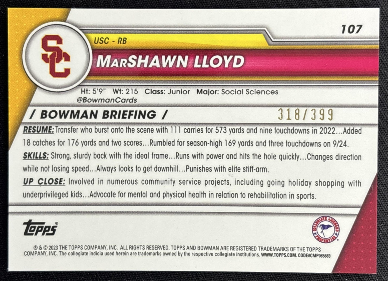 MarShawn Lloyd 2023 University Chrome Purple Mini Diamond Refractor /399 Trojans back