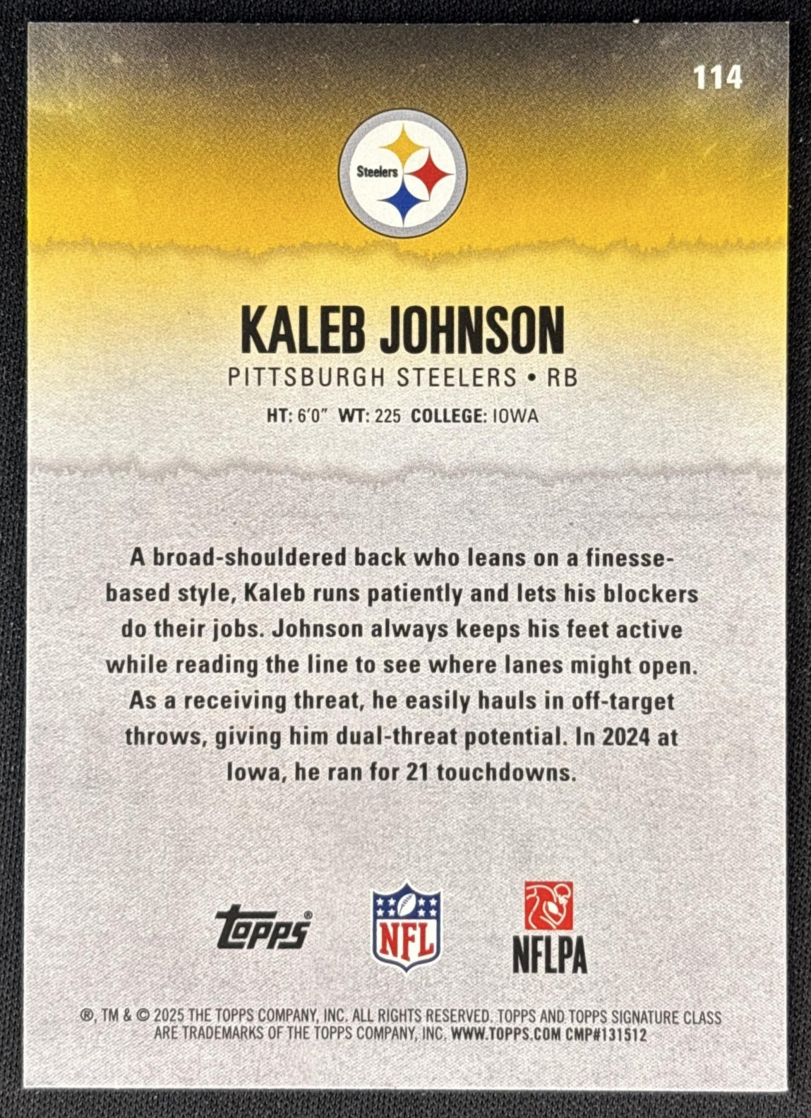 Kaleb Johnson 2025 Topps Signature Class Rookie Blue & Yellow Foil Steelers back