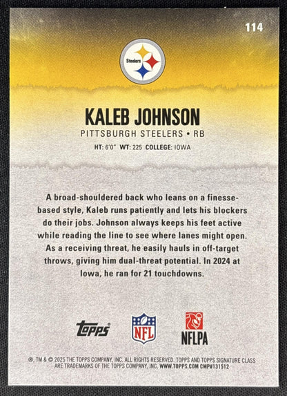 Kaleb Johnson 2025 Topps Signature Class Rookie Blue & Yellow Foil Steelers back
