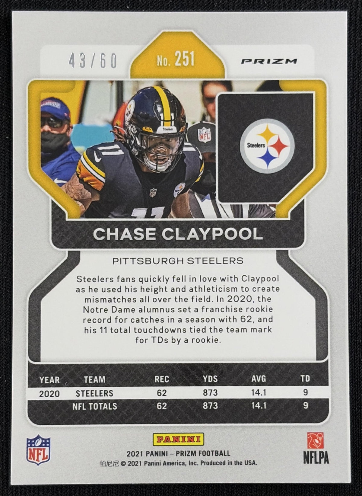 Chase Claypool 2021 Panini Prizm Orange Wave /60 Steelers - back