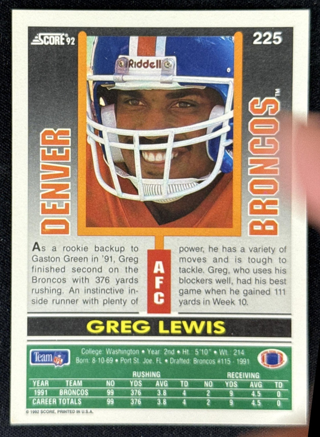 Greg Lewis 1992 Score Broncos Sports Trading Card