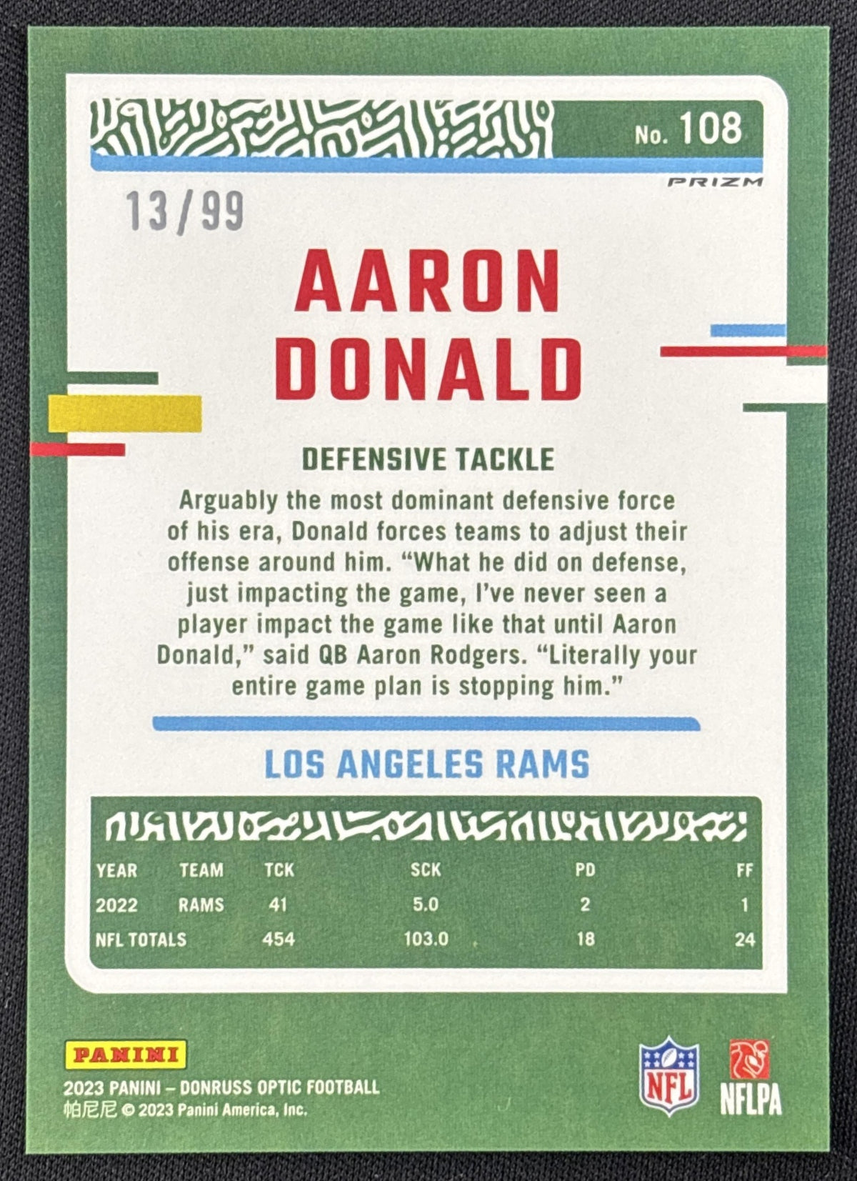 Aaron Donald 2023 Panini Donruss Optic Red Prizm /99 Rams