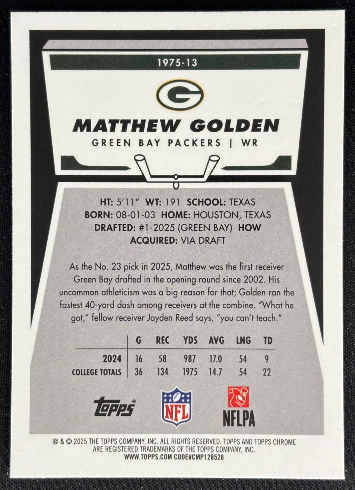 Matthew Golden 2025 Chrome 1975 Topps Packers