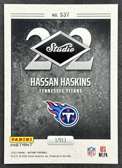 Hassan Haskins 2022 Panini Instant Studio Rookie /911 Titans Chargers back sports trading card