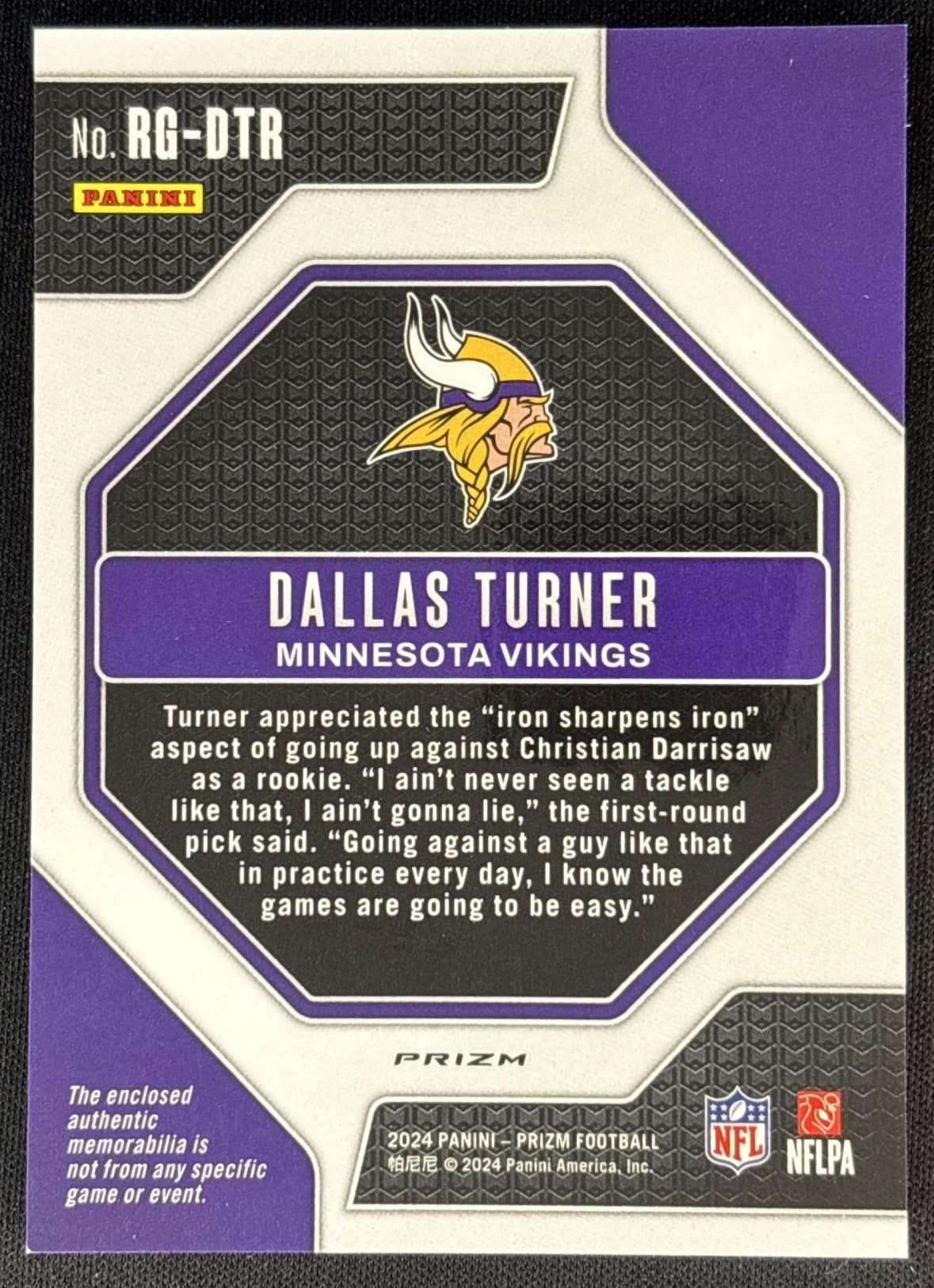 Dallas Turner 2024 Panini Prizm Rookie Gear Vikings Sports Trading Cards