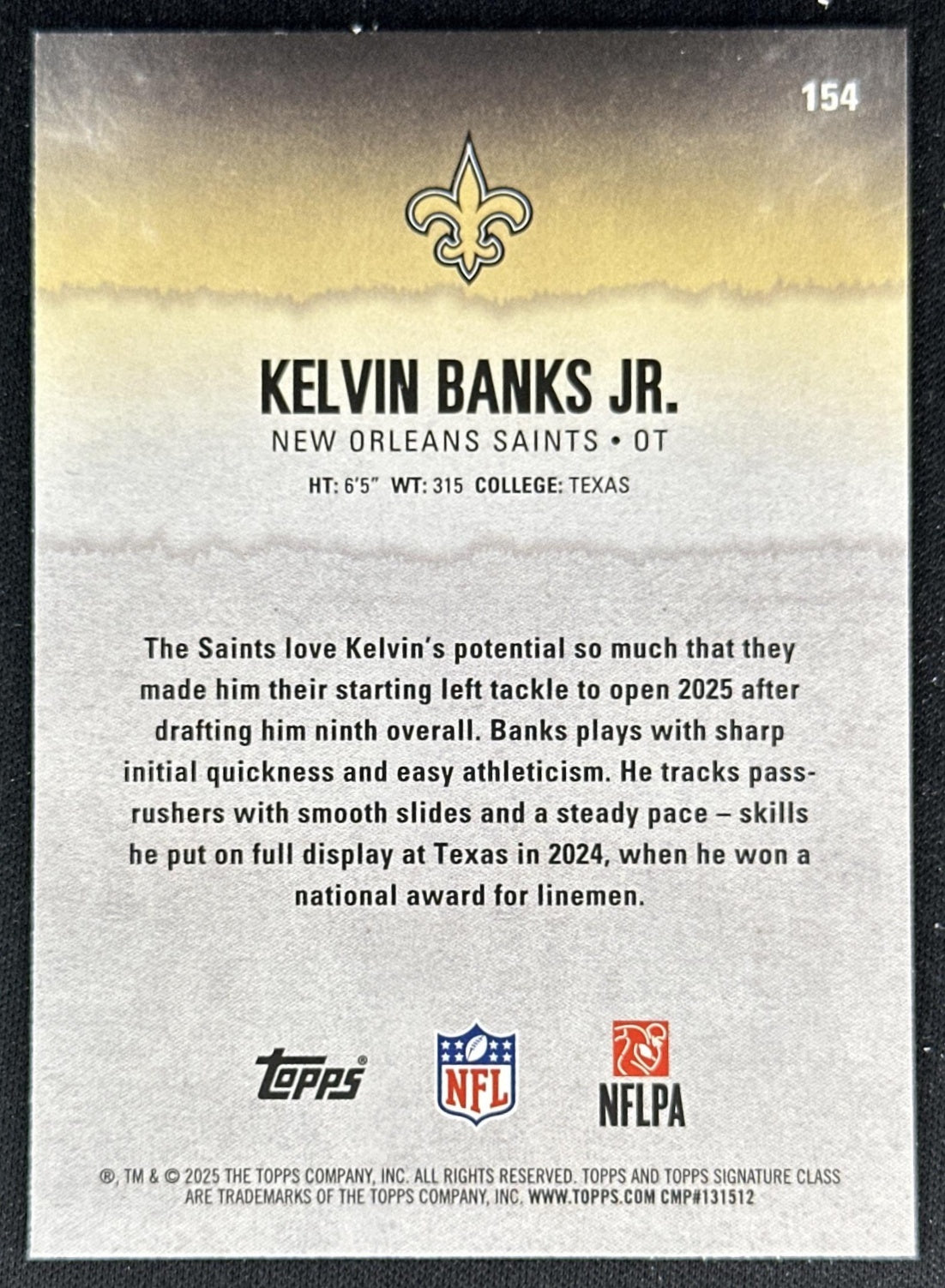 Kelvin Banks Jr. 2025 Topps Signature Class Rookie Blue & Yellow Foil Saints back