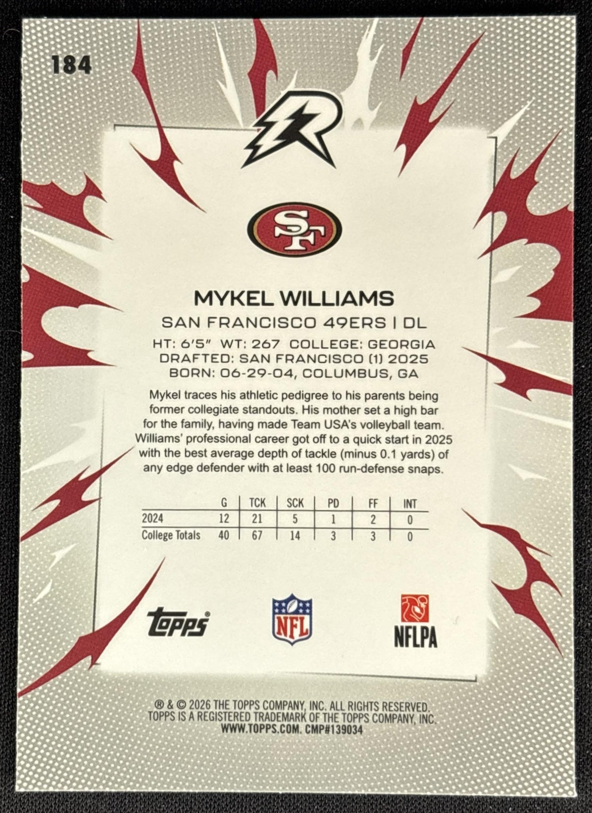Mykel Williams 2025 Topps Resurgence Sky Blue and Pink Shock Refractor 49ers back