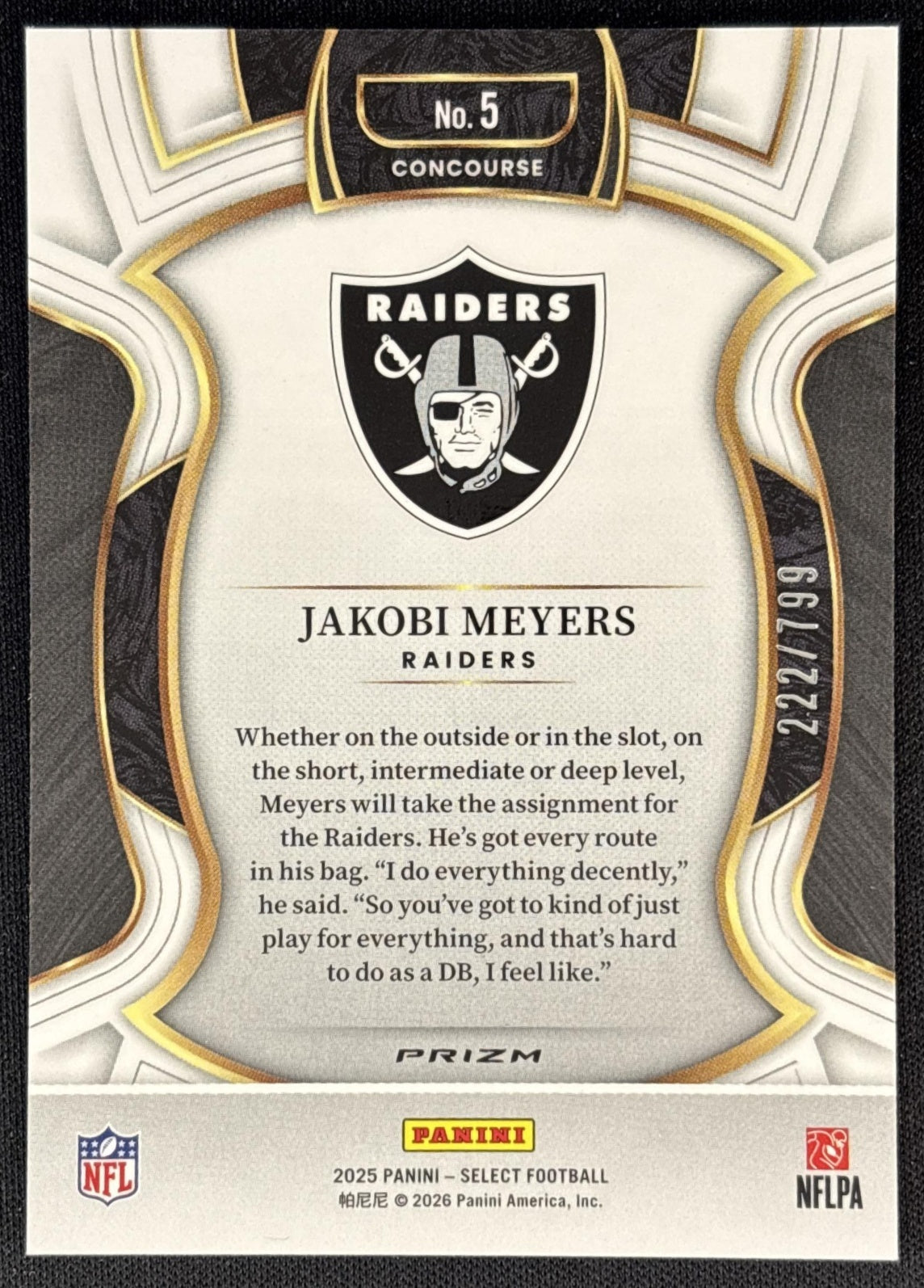 Jakobi Meyers 2025 Panini Select Concourse White Prizm Shock /799 Raiders back