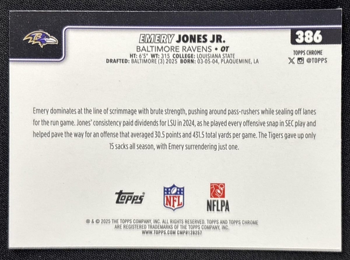 Emery Jones Jr. 2025 Topps Chrome Rookie Pink Wave Refractor /250 Ravens