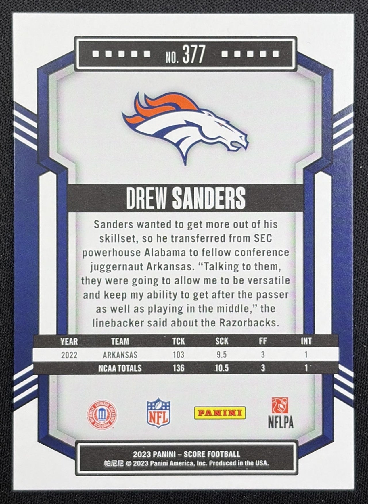 Drew Sanders 2023 Panini Score Lava /565 Broncos