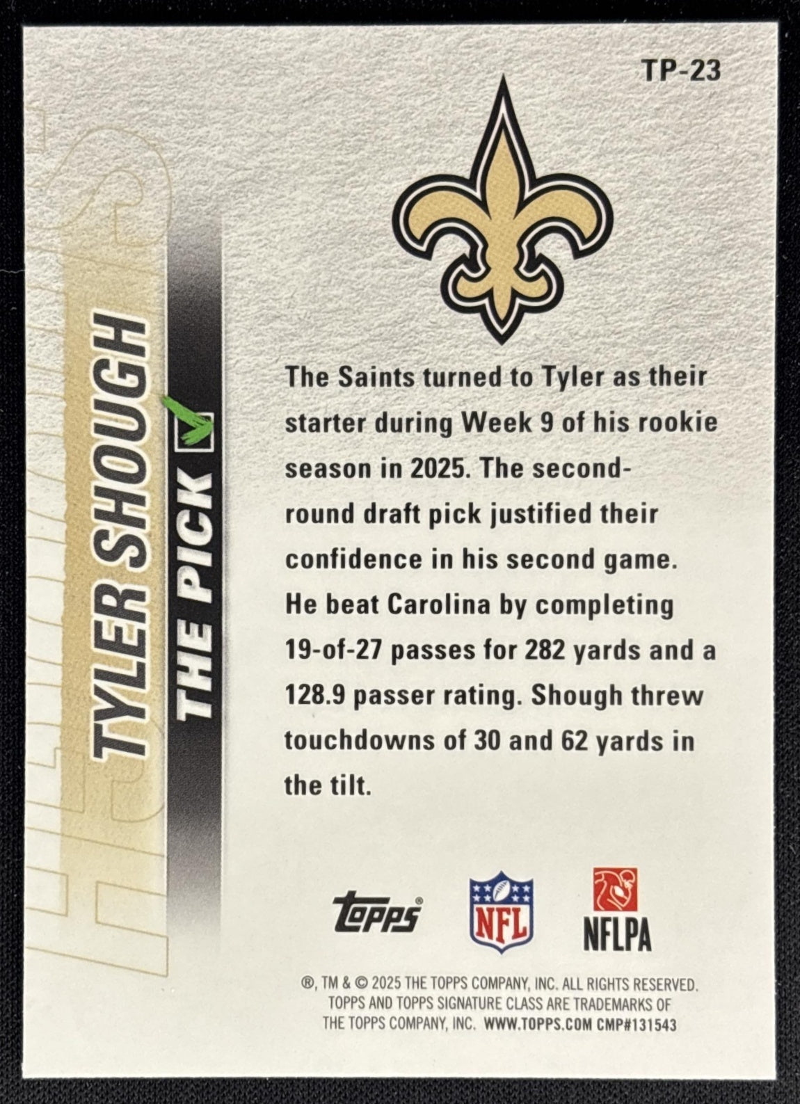 Tyler Shough 2025 Topps Signature Class The Pick Saints back
