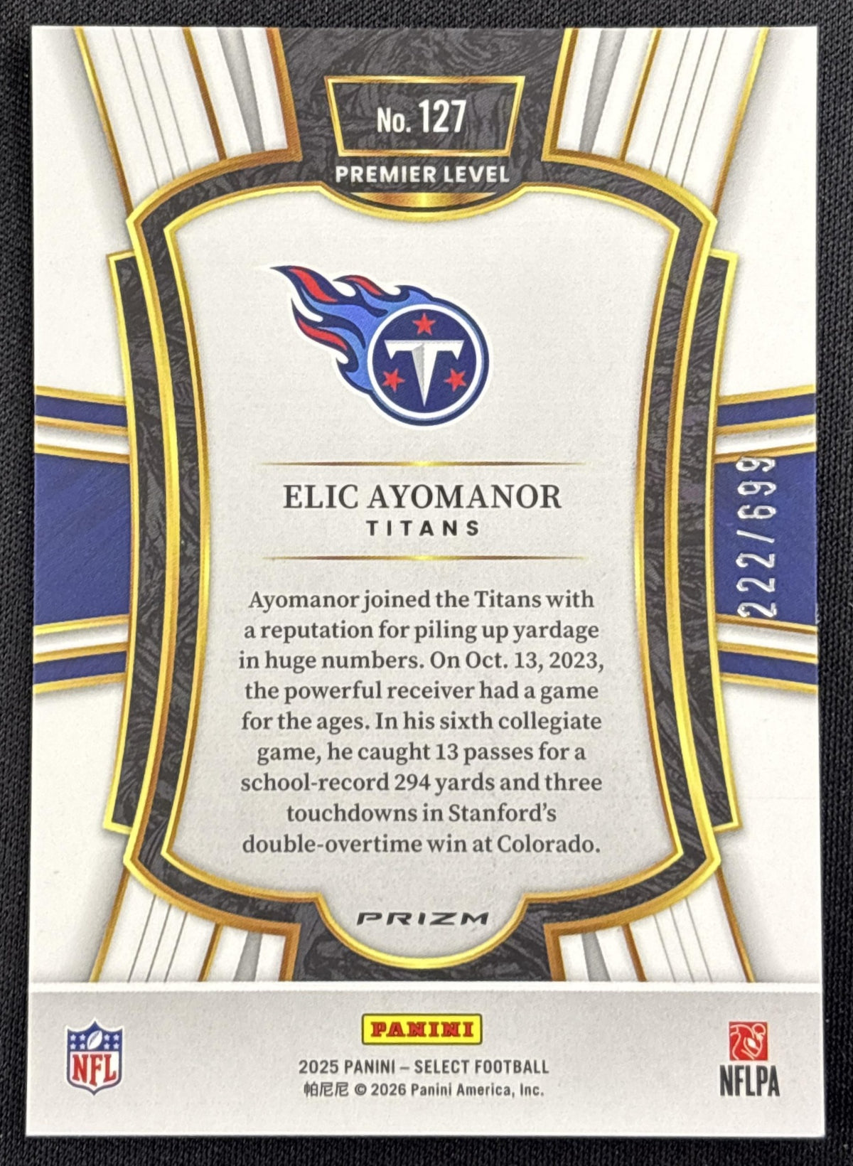Elic Ayomanor 2025 Panini Select Premier Level Neon Green Prizm Shock /699 Titans
