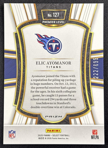 Elic Ayomanor 2025 Panini Select Premier Level Neon Green Prizm Shock /699 Titans