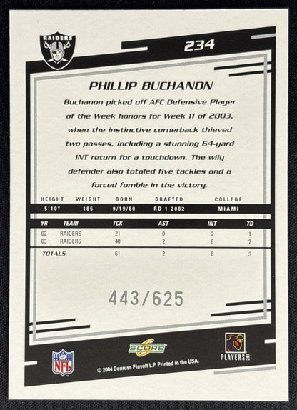 Phillip Buchanon 2004 Score Scorecard /625 Raiders back
